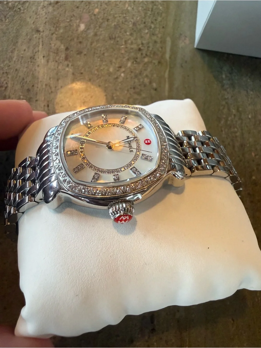 Michele Silver-Tone Crystal Bezel Stainless Steel Women's Watch